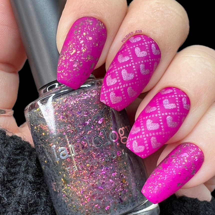 Harvest Moon: Thunder (P119) - Sheer Gray with Pink Orange Iridescent Flakies Nail Polish