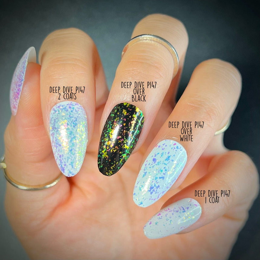 Ocean Crush: Deep Dive (P147) - Iridescent Green/Pink Jelly Flakies Nail Polish