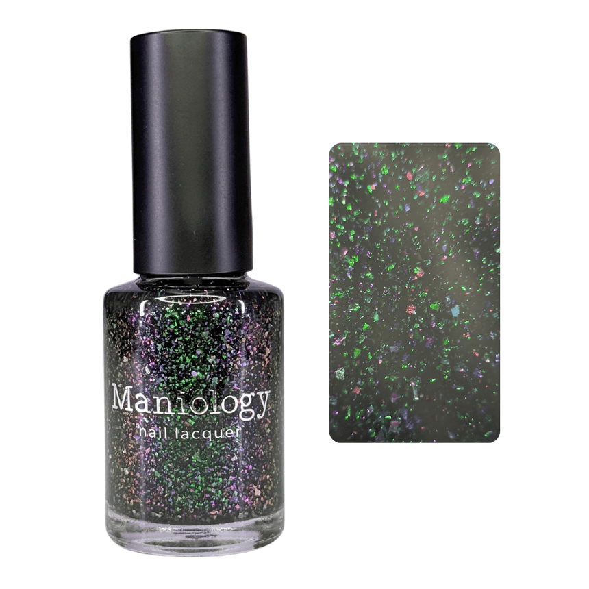 Spectral Shards (P188) - Sheer Tint Black with Green Iridescent Flakies Nail Polish