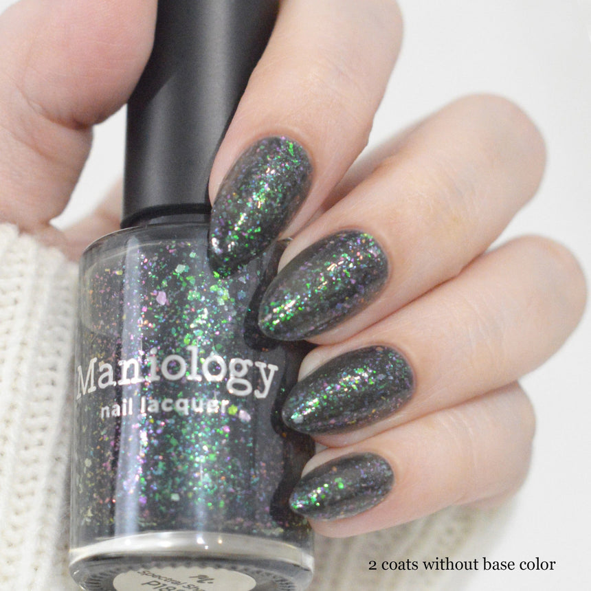 Spectral Shards (P188) - Sheer Tint Black with Green Iridescent Flakies Nail Polish