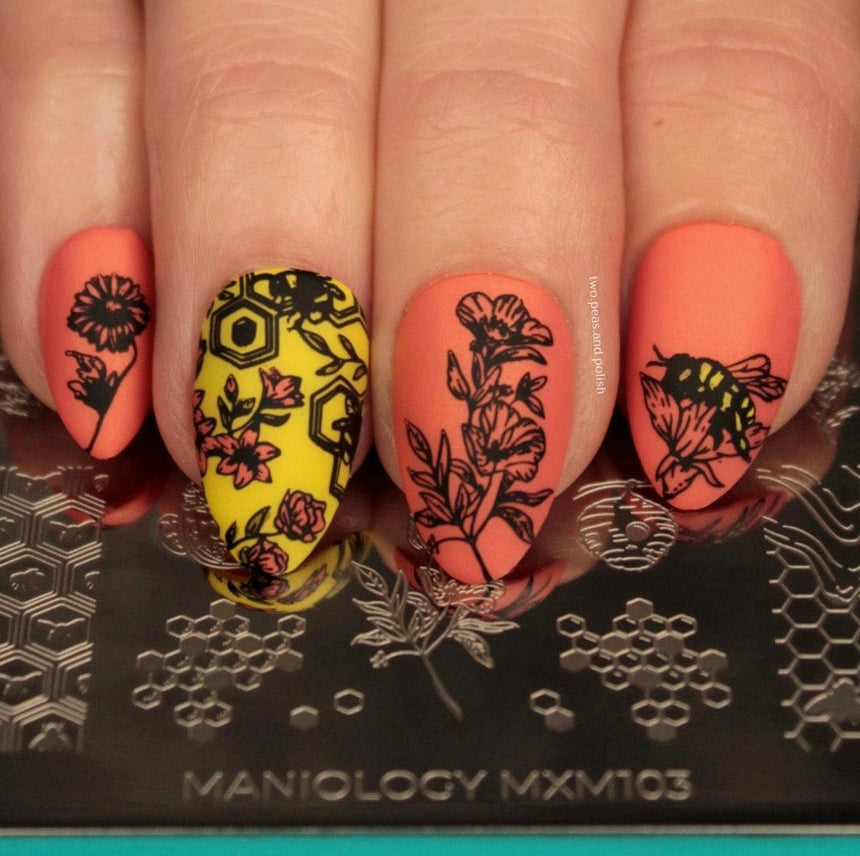 Bees & Blooms: In Full Bloom (MXM104) - Nail Stamping Plate