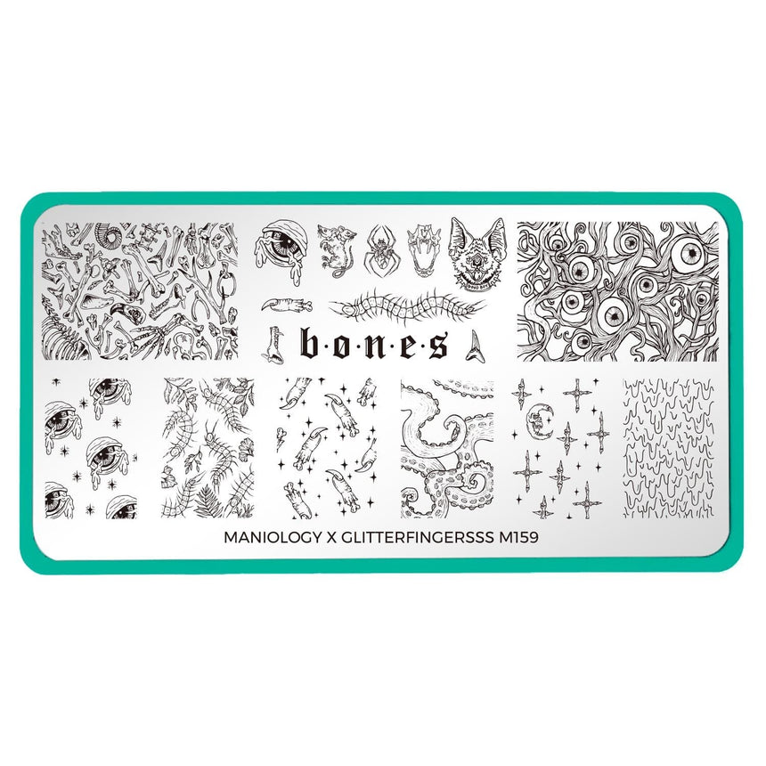 A nail stamping plate with gooey eyeballs, severed fingers, cyclops cats, slithering centipedes and more bone-chilling designs in this cute and creepy collaboration by Maniology (m159).