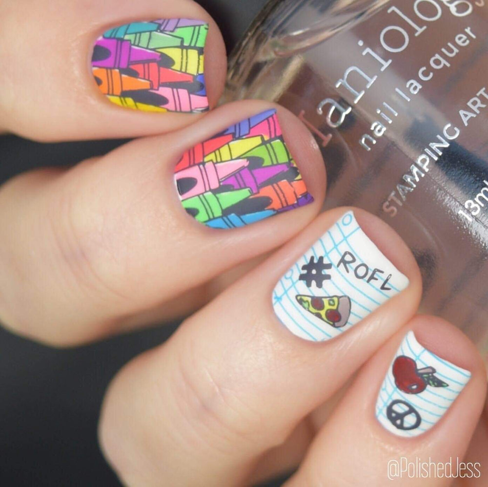  A manicured hand with doodles and colorful crayons design holding a polish by Maniology.