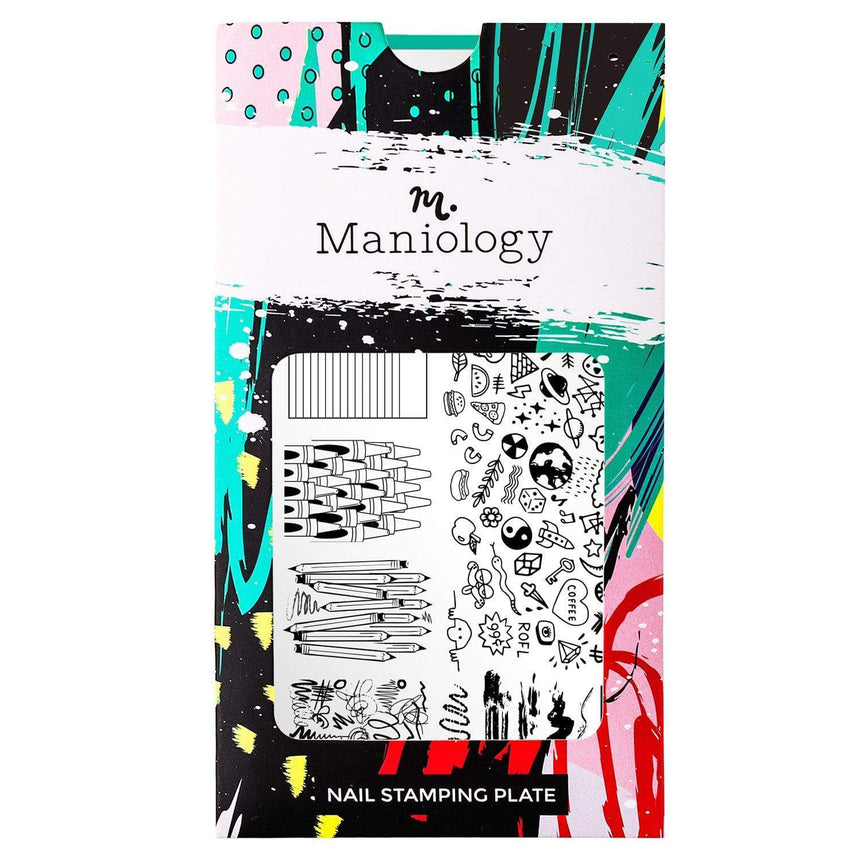 A nail stamping plate with doodles, scribbles, and notebook designs by Maniology (m058).