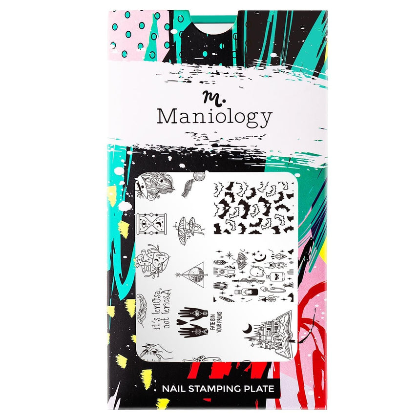 A nail stamping plate with bats, cauldrons, spellbooks, crystal balls, and even more enchanting designs by Maniology (m151).