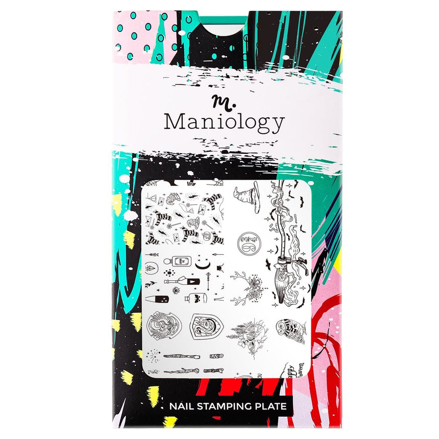 A nail stamping plate with wands, brooms, spellbooks, and charms designs by Maniology (m152).