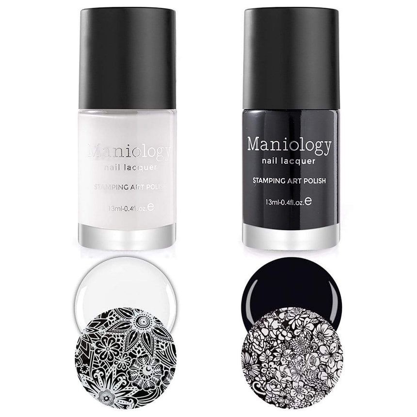 2 pack of BAM! WHITE (B170) and Straight Up Black (B171) 2pc Nail Stamping Lacquers by Maniology.