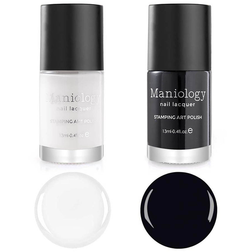 2 pack of BAM! WHITE (B170) and Straight Up Black (B171) 2pc Nail Stamping Lacquers by Maniology.