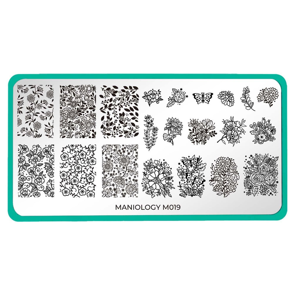 A nail stamping plate featuring tons accent, full nail, and buffet-style designs as well as butterfly, wildflowers, an entire garden variety by Maniology (m019).