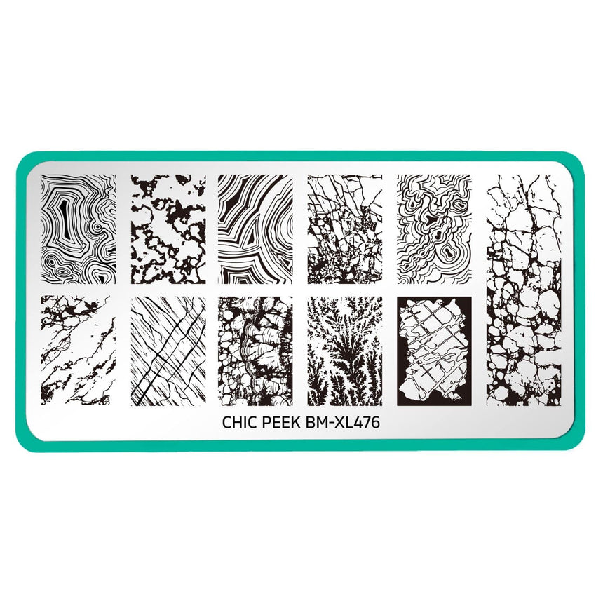 A nail stamping plate with 11 unique marble designs with foliate veins and swirls design by Maniology (BM-XL476).