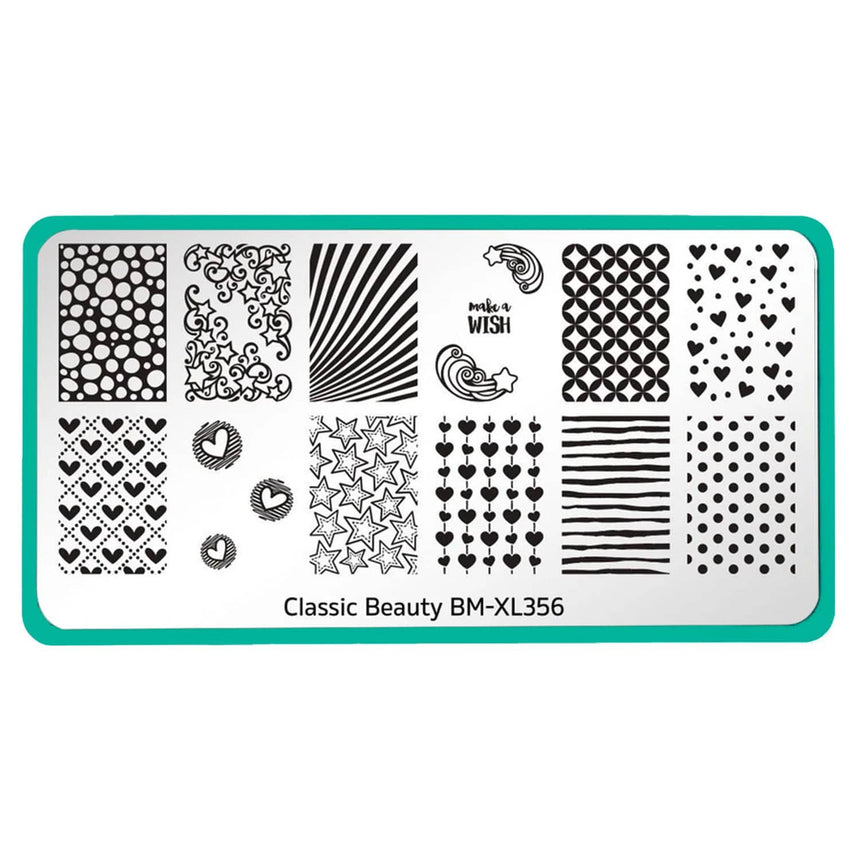 A nail stamping plate with 12 full nail designs with a plethora of hearts, stars and other adorable patterns by Maniology (BM-XL356).