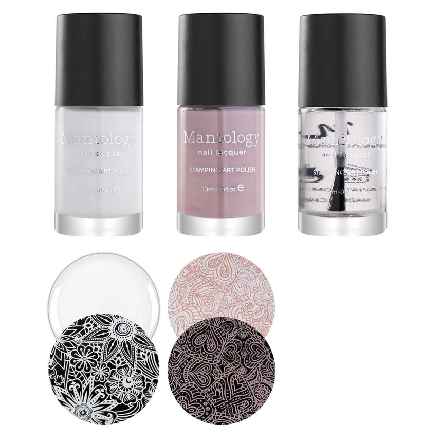 Classic French Nails Bundle: 1 Plate, 2 Polishes, Top Coat, Stamper & Scraper