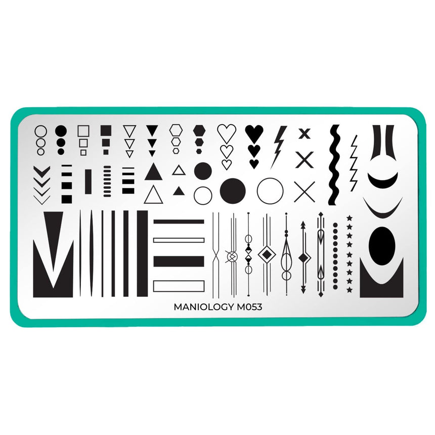 A nail stamping plate with a variety of cute shapes and geometric designs by Maniology (m053).