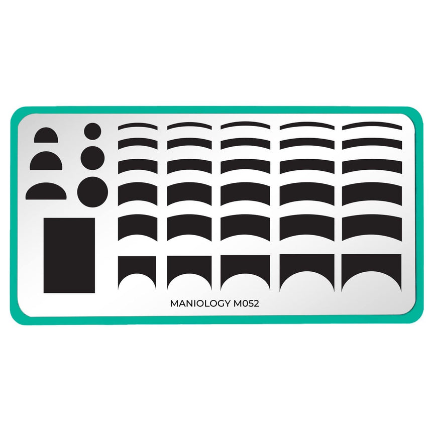 A nail stamping plate featuring a variety of french tip designs and shapes by Maniology (m052).