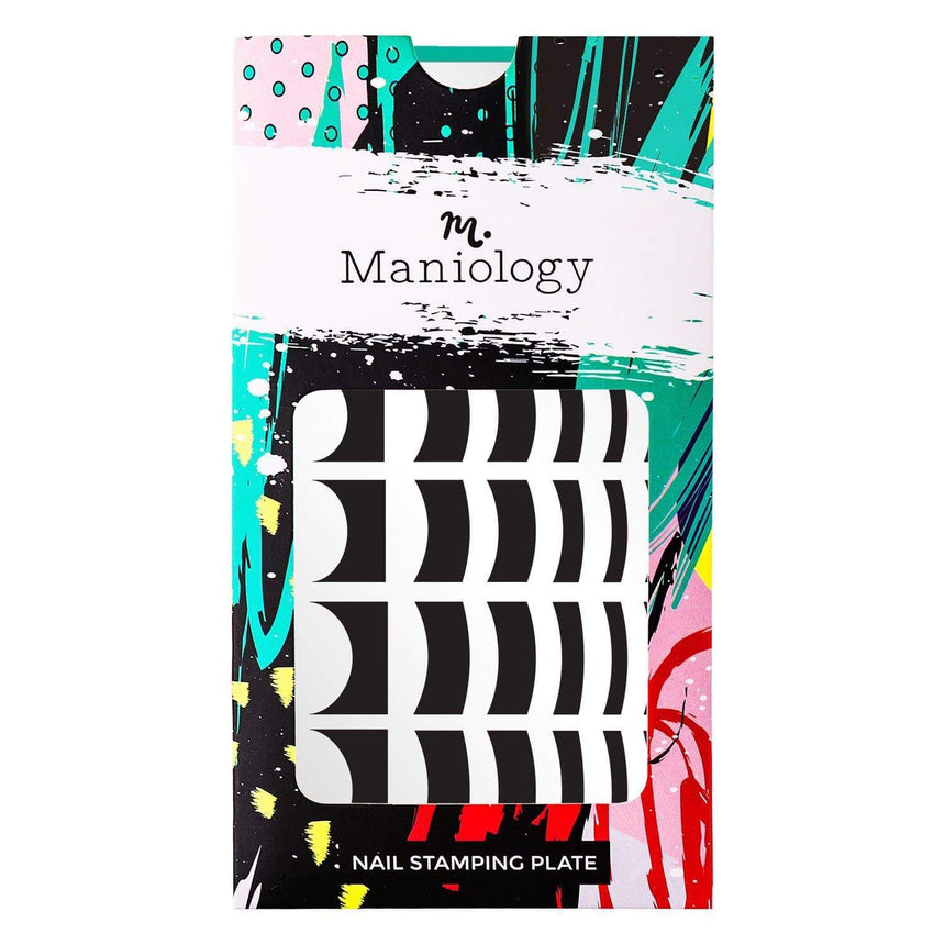A nail stamping plate featuring a variety of french tip designs and shapes by Maniology (m052).