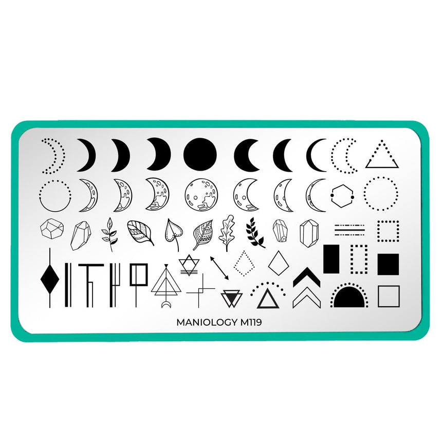 A nail stamping plate with Bold lunar phases and minimalist geometric patterns work beautifully with any earthy, bohemian design by Maniology (m119).