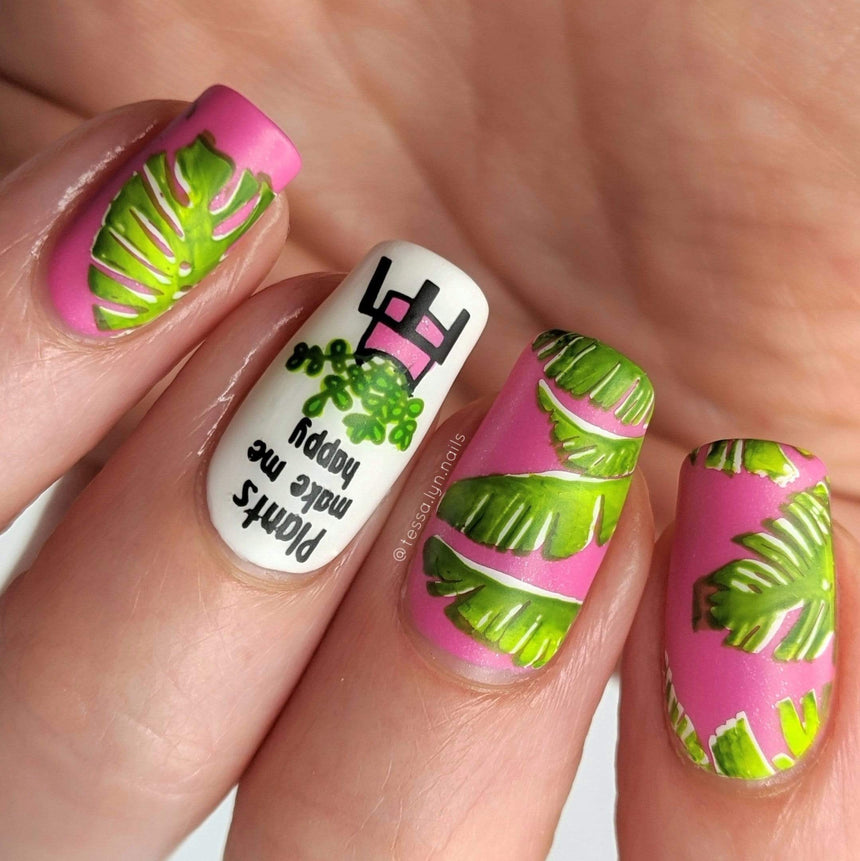 A manicured hand with plants and leaves design by Manilogy (m095).