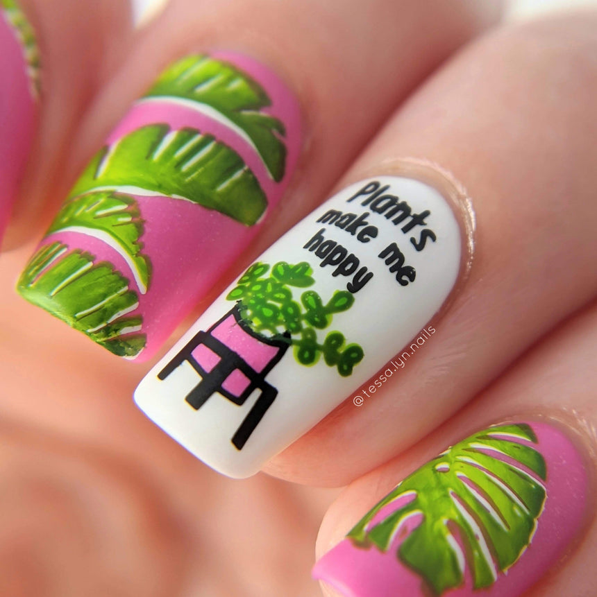 A manicured hand with plants and leaves design by Manilogy (m095).