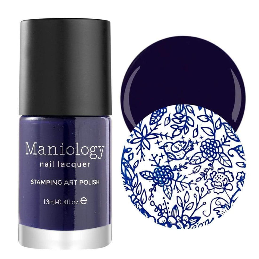 A dark and mysterious Midnight Madness Blue Stamping Polish from our Essentials Primary collection by Maniology.