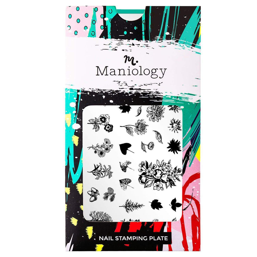 A nail stamping plate with 16 layering designs, creating colorful florals and leaves for fall by Maniology (m075).