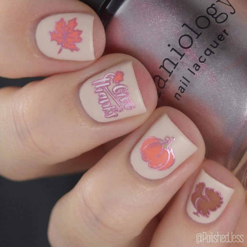 A manicured hand with turkey, pumpkin and leaf design holding a polish by Maniology (m023).