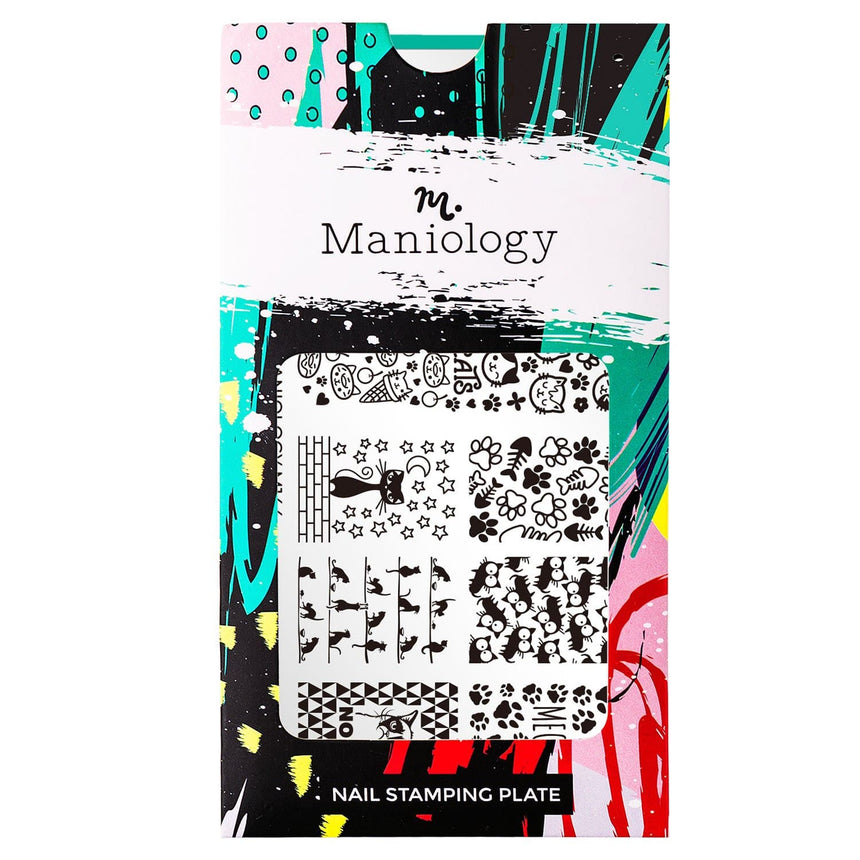 A nail stamping plate with a variety of full nail and buffet style designs inspired by our feline friends by Maniology (m144).