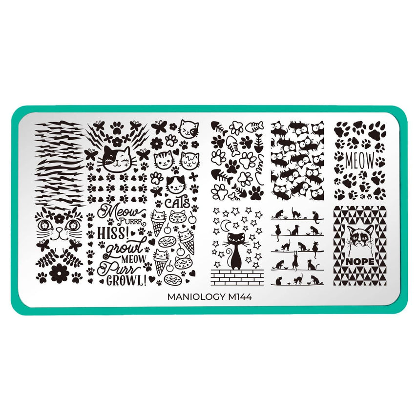 A nail stamping plate with a variety of full nail and buffet style designs inspired by our feline friends by Maniology (m144).
