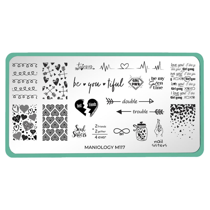A nail stamping plate with a variety of full nail and accent style designs including hearts, words, and arrows by Maniology (m117).