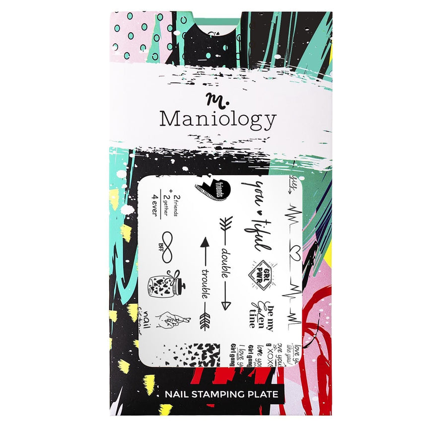A nail stamping plate with a variety of full nail and accent style designs including hearts, words, and arrows by Maniology (m117).