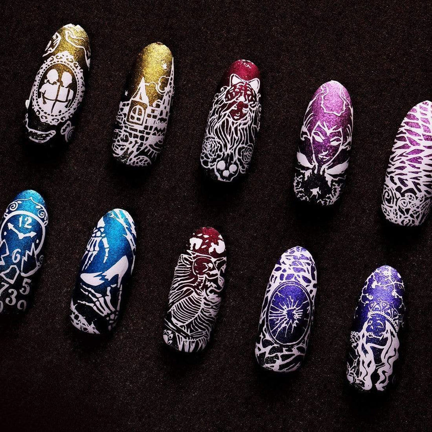 Gorgeous mystic manicures created using Maniology's Happily Never After nail stamping plates and Grimm's Nightfall stamping polishes