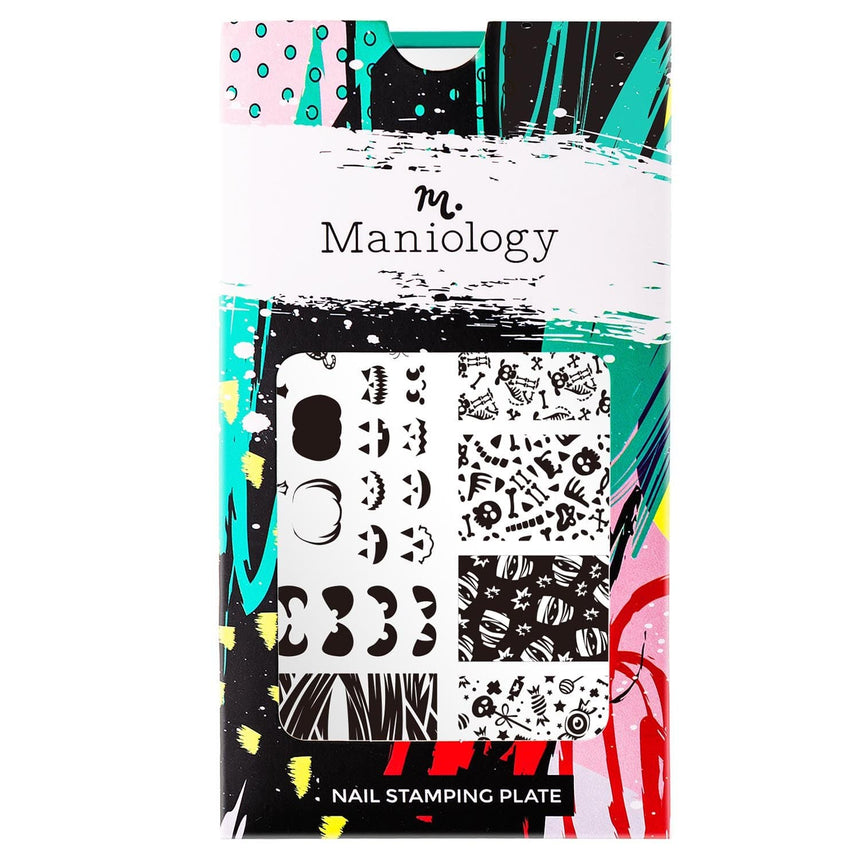 A nail stampig plate with a variety of layered Halloween nail art designs, with mummies, carve into glowing jack-o-lanterns, or create jaw-dropping skeletal manicures by Maniology (m158).