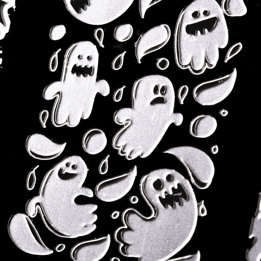 A nail stamping plate with a spooky ghosts, happy ghosts, chubby ghosts, and even more ghosts galore designs by Maniology (m056).