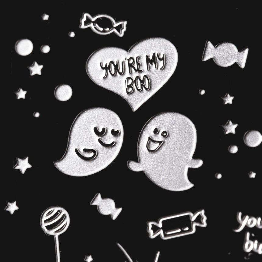 A nail stamping plate with a spooky ghosts, happy ghosts, chubby ghosts, and even more ghosts galore designs by Maniology (m056).