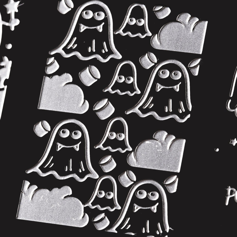 A nail stamping plate with a spooky ghosts, happy ghosts, chubby ghosts, and even more ghosts galore designs by Maniology (m056).