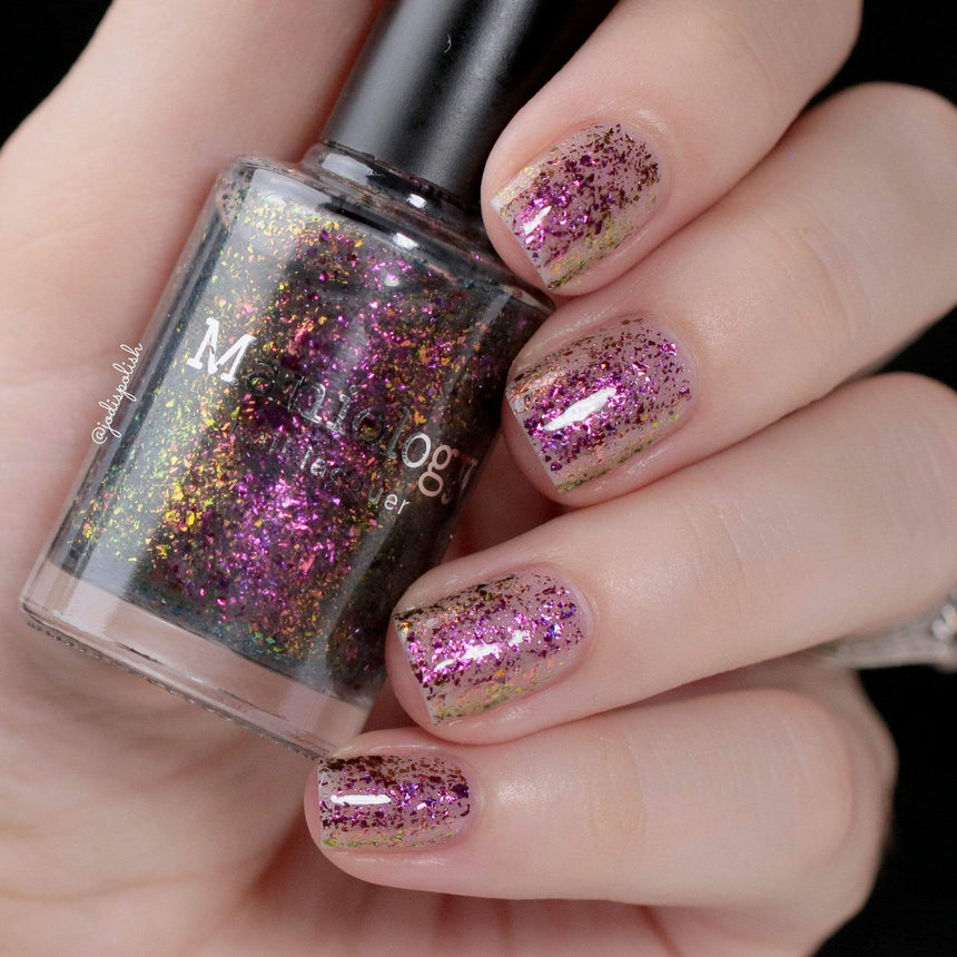 Harvest Moon: Thunder (P119) - Sheer Gray with Pink Orange Iridescent Flakies Nail Polish
