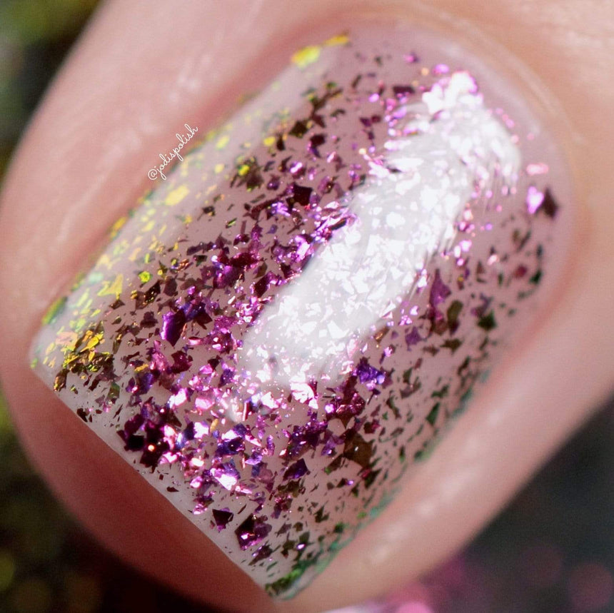 Harvest Moon: Thunder (P119) - Sheer Gray with Pink Orange Iridescent Flakies Nail Polish