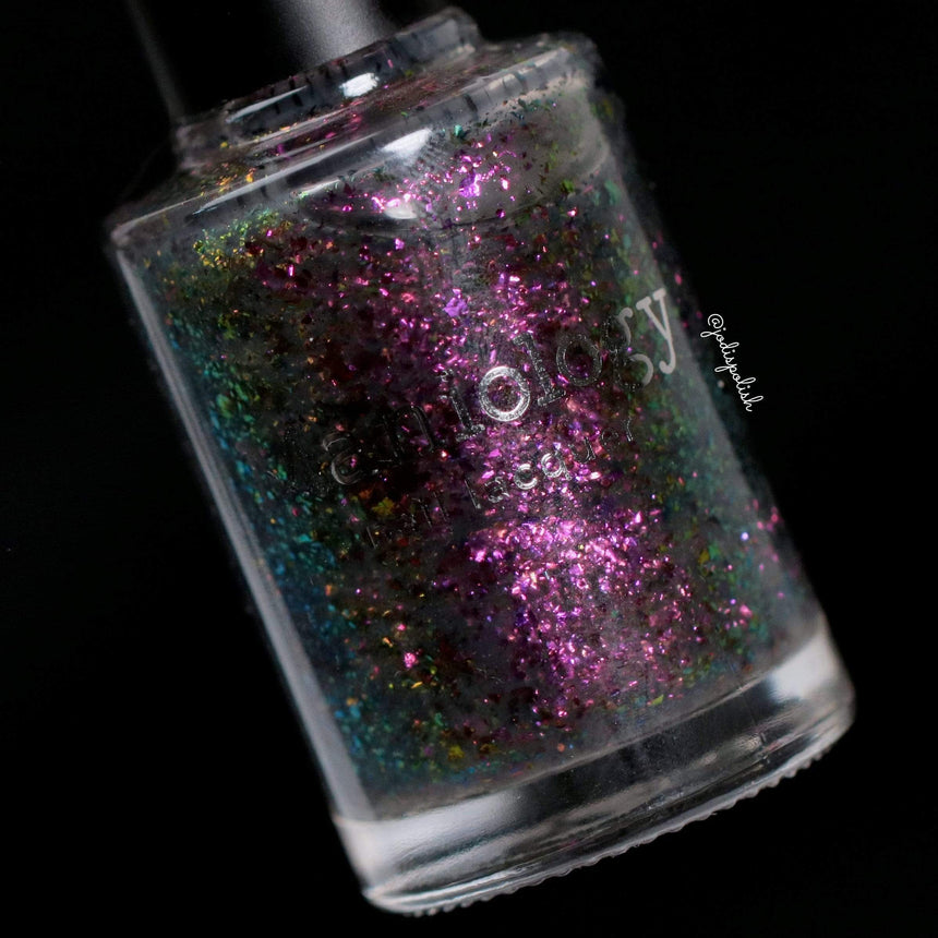 Harvest Moon: Thunder (P119) - Sheer Gray with Pink Orange Iridescent Flakies Nail Polish