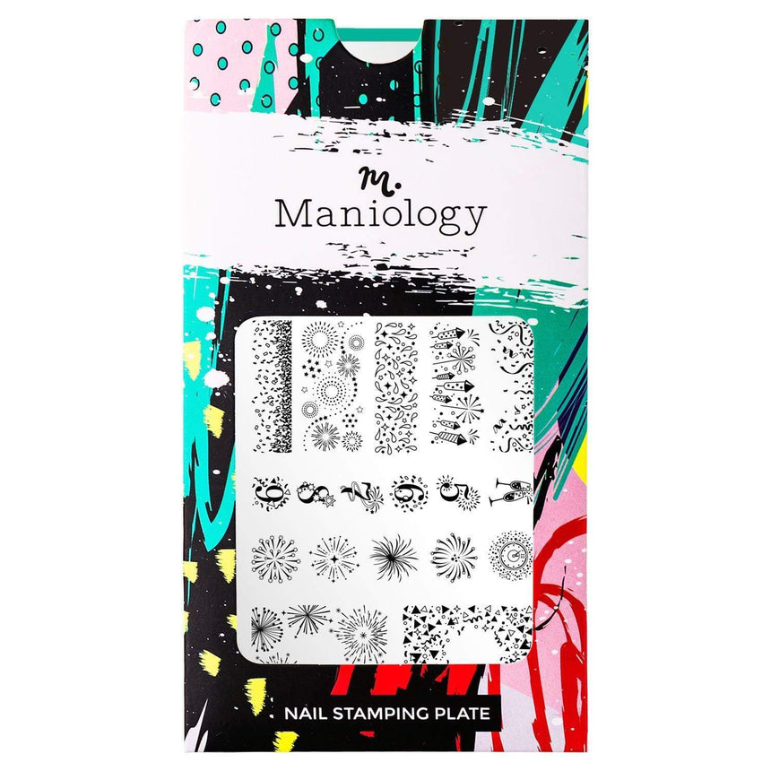 A nail stamping plate with numbers, fireworks, champagne patterns, an overflowing full nail and accent designs by Maniology (m042).