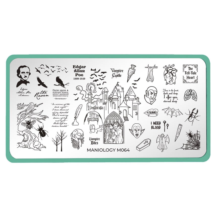 A nail stamping plate from our House of Horrors collection, a night of mystery and macabre or climb the moonlit steps of a gothic vampire castle by Maniology (m064).