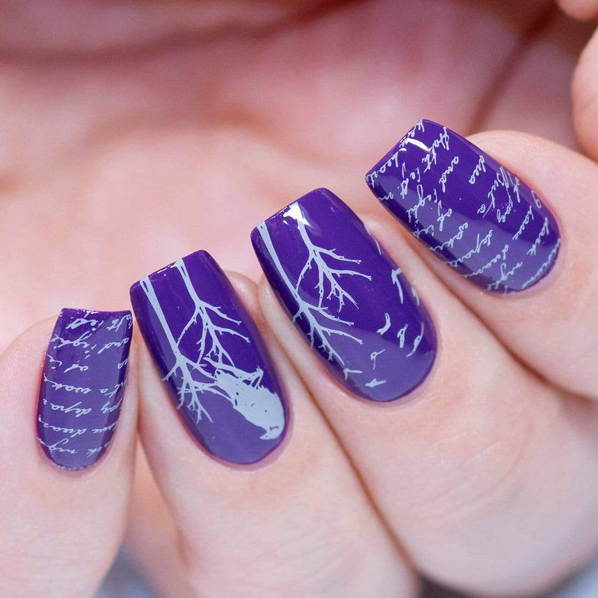 A manicured hand with Blood Suckers/Midnight Dreary design by Maniology (m064).