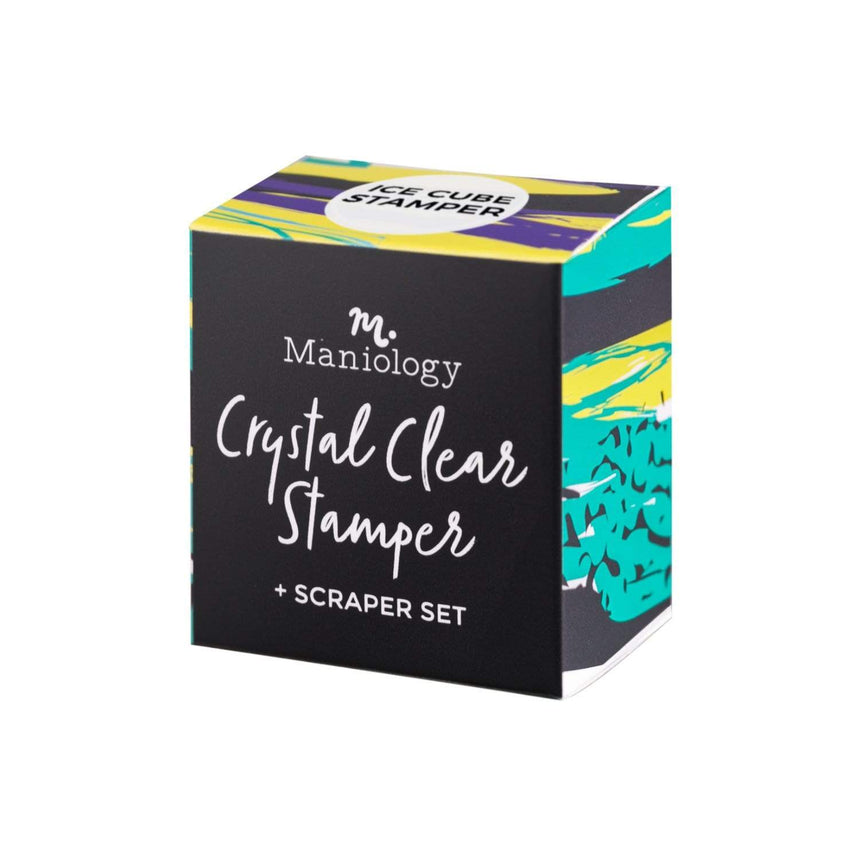 Ice Cube Clear Rectangular Stamper w/ Scraper Card at 1 inch by 1.5 inches in size.