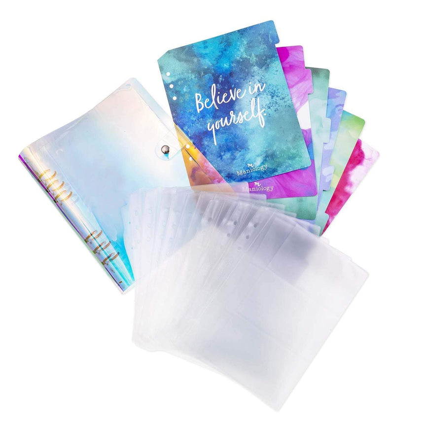 Iridescent Plate Organizer Binder with 10 sheets of organizing inserts and 6 color coordinated dividers.