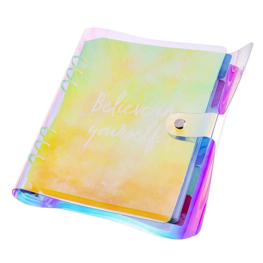 Iridescent Plate Organizer Binder with 10 sheets of organizing inserts and 6 color coordinated dividers.
