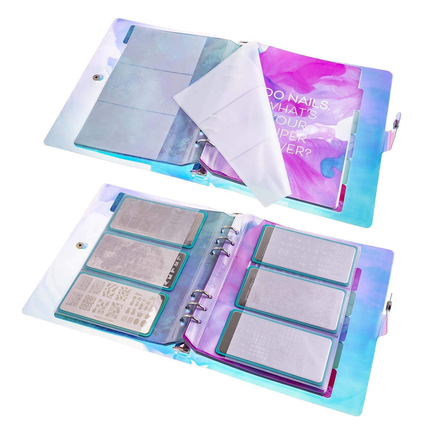 Iridescent Plate Organizer Binder with 10 sheets of organizing inserts and 6 color coordinated dividers.