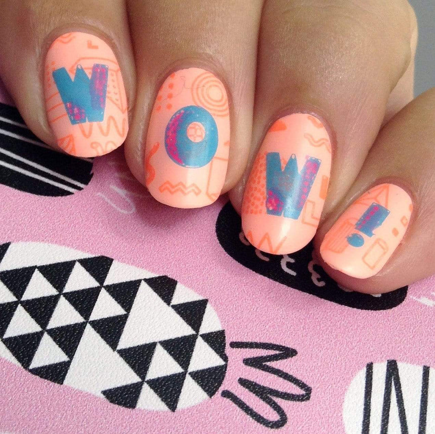 A manicured hand made with creamy pastel pink Salmon Stamping Polish Flashdance (B284) by Maniology.