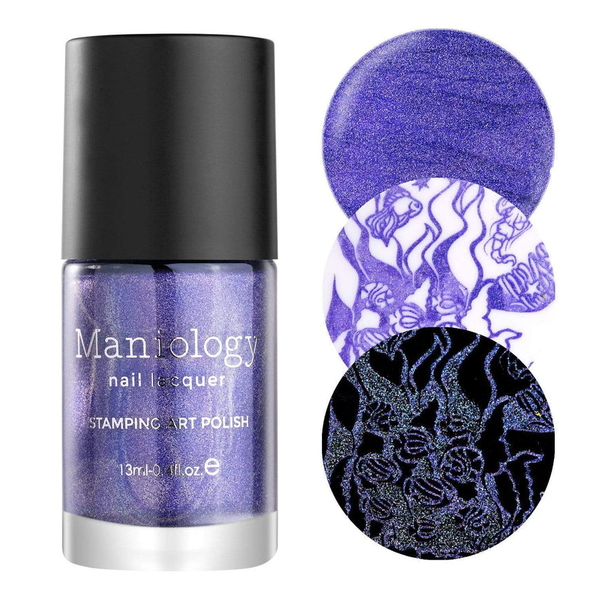 A Starfish (B279) Holographic Purple Stamping Polish offers a tinge of deep blue and an iridescent rainbow shimmer.