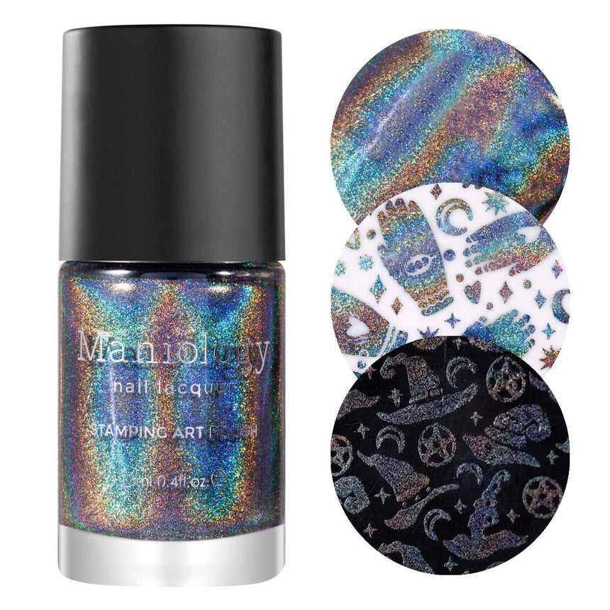 A Black Magick (B293) Holographic Black Stamping Polish with a rich, smoky black and unravels into something magical.