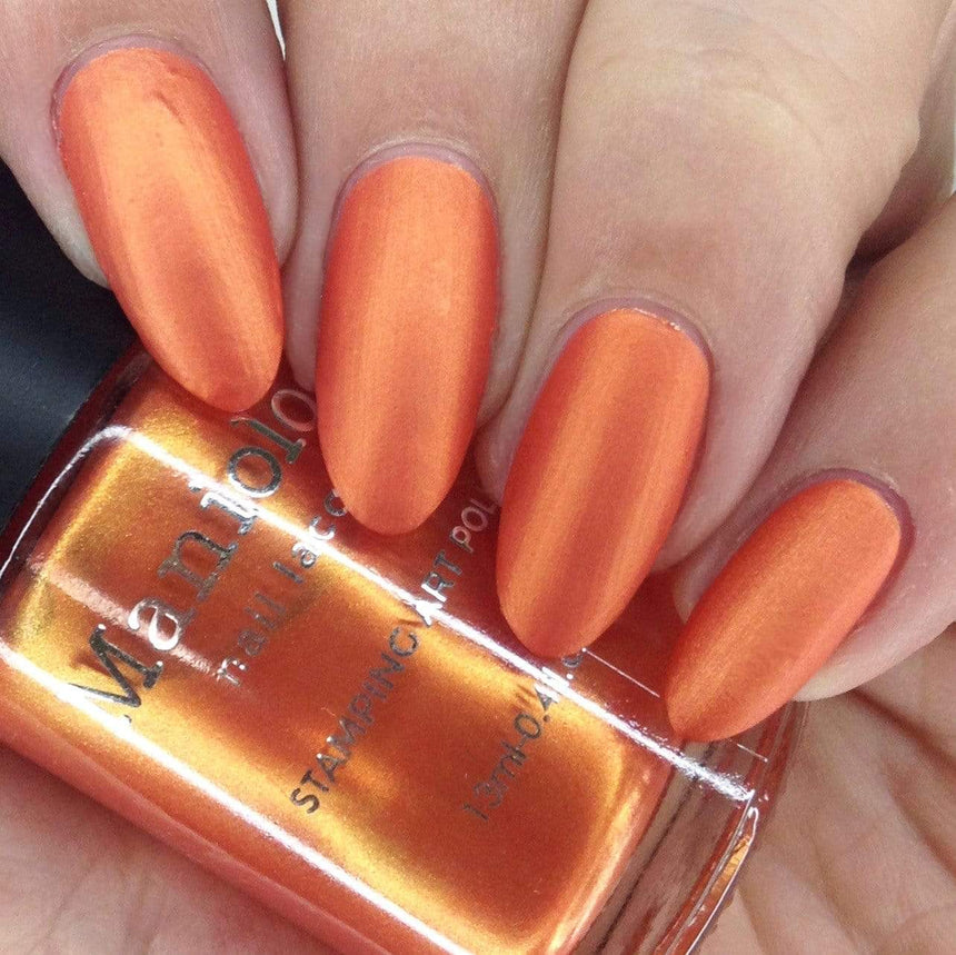 Swatch manicure featuring Maniology stamping polish in metallic orange - Doom (B405) in a matte finish