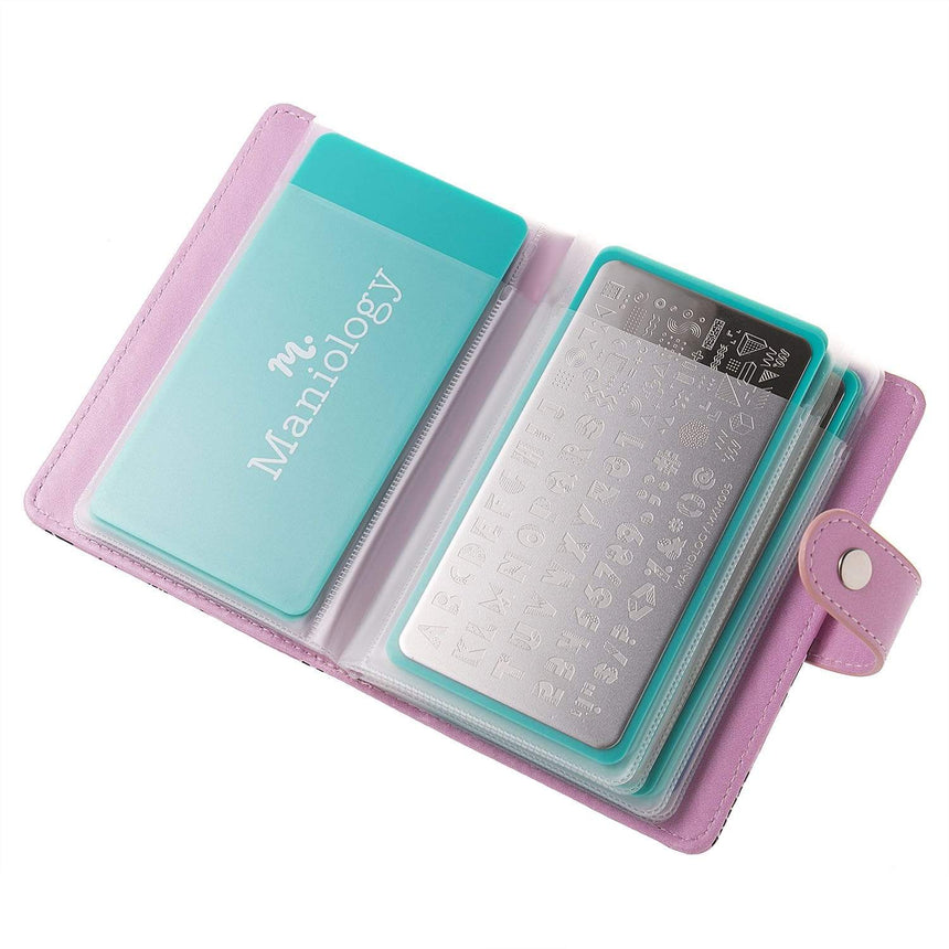 A Mini Pineapple Stamping Plate Organizer that can stores up to 16 XL stamping plates and displays them with sheer white pockets.