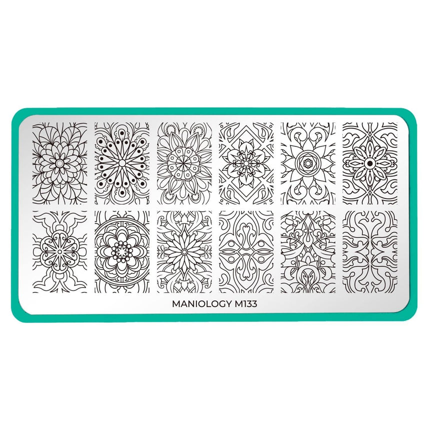 A nail stamping plate with 12 floral-inspired geometric designs by Maniology (m133).